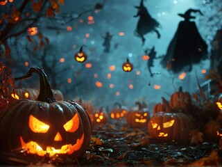 A spooky Halloween scene with carved pumpkins lit up in a forest, witches flying through the air, and a full moon shining in the sky.
