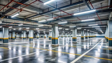 Empty underground parking garage with rows of vacant spaces, concrete pillars, and fluorescent lighting, providing ample room for vehicles in a modern urban setting.