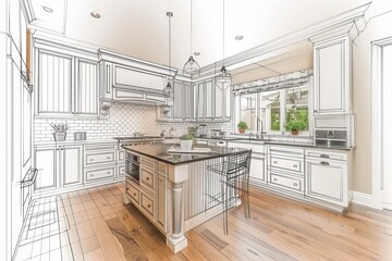 Fototapeta premium Sophisticated kitchen design with contemporary furniture, enhanced with creative sketch elements