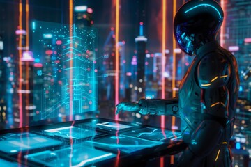 Obraz premium Sophisticated robot man at an interactive table, projecting a smart city hologram, showcasing AI's