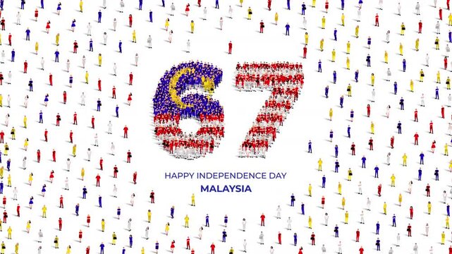 August 31 Happy Independence Day Malaysia Design. A large group of people form to create the number 67 as Malaysia celebrates its 67th Independence Day on the 31st of August. 4K Video animation.