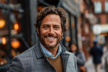 Obraz premium Smiling man with stubble and brown hair in casual clothing. Portrait of happy man in city setting.