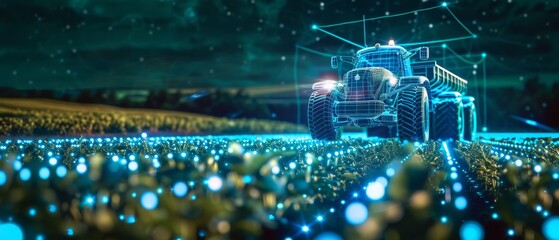 Obraz premium Futuristic 3D holographic display of agriculture and farming, featuring a truck and emphasizing