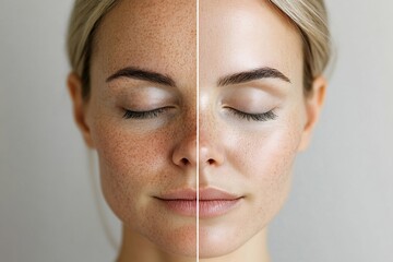 Split face of woman showing before and after effect of pigmentation lightening procedure. Cosmetic treatment and spa concept. Close-up collage portrait for poster, commercial, presentation 