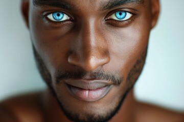 Fototapeta premium A black man face closeup, displaying his captivating blue eyes, unusual male beauty portrait