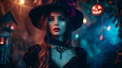 Fototapeta premium Beautiful woman in a witch costume on the background of gloomy Halloween decorations, Halloween costume party, banner, postcard, Halloween