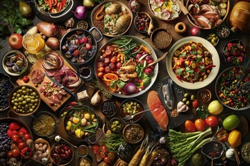 Fototapeta premium Collage of diverse cuisines showcasing rich flavors and ingredients from global culinary traditions