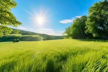 beautiful scenery in the blue sky green grass and trees There is bright sunlight, bright colors, Nostalgia style, making you think of the past.