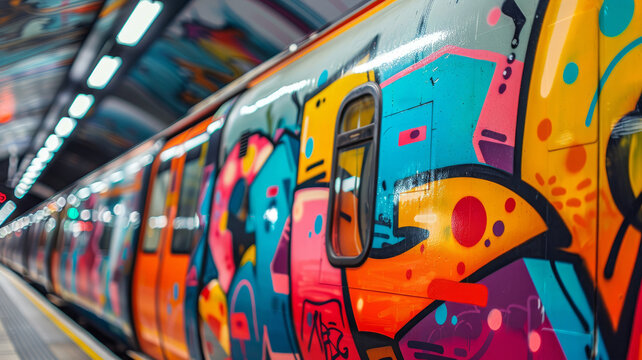 Subway train covered in vibrant graffiti artwork.