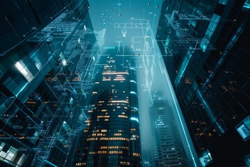 Holographic projections scientific formulas above contemporary skyscrapers, highlighting research