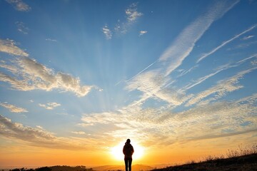 Fototapeta premium A person stands on top of a hill as the sun sets in the background