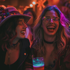 Fototapeta premium Friends in Halloween costumes laughing and having fun at a party, Halloween costume party