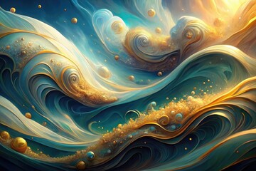 Ethereal fluid art painting featuring tender, dreamy waves and golden swirls in a mesmerizing mixture of colors, perfect for luxurious wallpapers and posters.