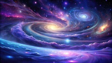 Ethereal swirls of purple and blue hues shimmer amidst scattered stars, creating a mesmerizing cosmic landscape of celestial wonder and deep space mystery.