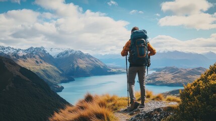 Obraz premium A backpacker stands on a rocky outcrop, gazing at the stunning landscape of mountains and a shimmering lake