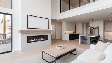 Frame mock up above linear fireplace | Open-concept modern home interior with minimalist decor | Large windows, light wood accents, and sleek kitchen design