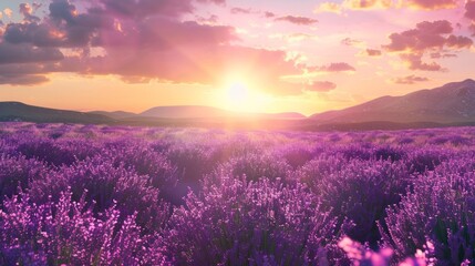 As the sun sets behind the mountains, a sprawling field of lavender blooms vibrantly, filling the air with a soothing fragrance and creating a serene atmosphere