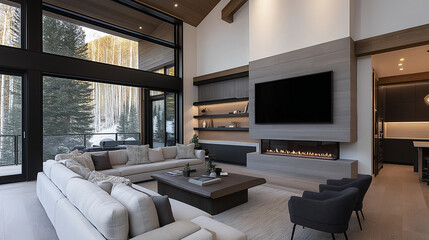 TV mockup over sleek fireplace | Modern mountain retreat living room with large windows | Neutral color palette, contemporary furniture, and forest view