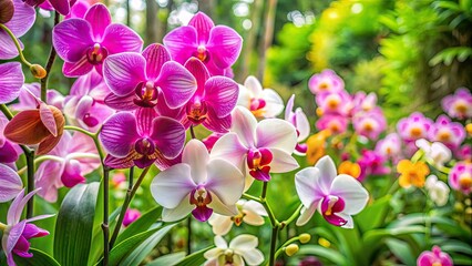 Exquisite orchid blooms in shades of pink and white against a lush green foliage backdrop, set amidst a serene and vibrant garden landscape.