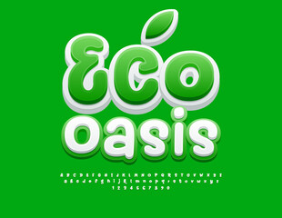 Vector green concept Eco Oasis. Playful Bright Font. Creative Alphabet Letters and Numbers set