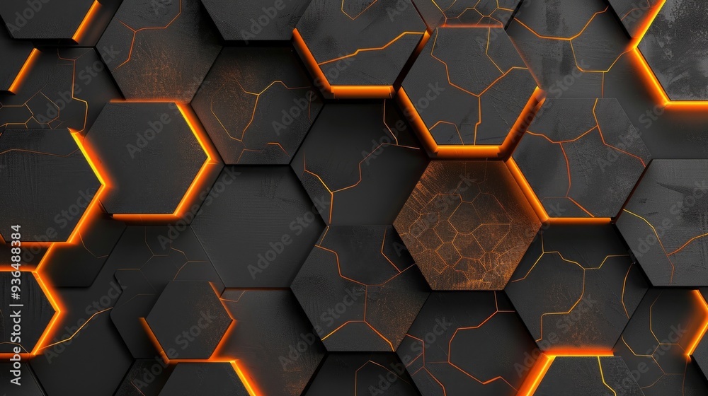 Poster a striking arrangement of dark gray hexagons interspersed with vibrant orange edges creates a visual