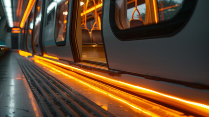 Fototapeta premium A modern subway train with glowing orange lights at a station.