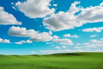 beautiful scenery in the blue sky Green fields, bright colors, Nostalgia style, reminiscent of the past.