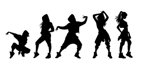 Vector illustration. Set of hip-hop dancer girls. Black silhouette on white background.