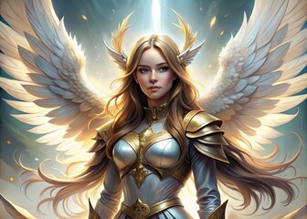 Fantasy illustration of a radiant, long-haired warrior maiden with glowing wings and a gentle smile, set against a clean white background.