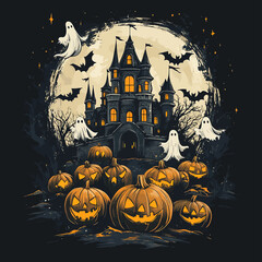 Vector haunted castle with glowing pumpkins and ghostly figures during Halloween night.  Creepy bats, pumpkins, and moon.