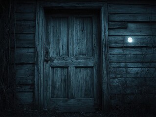 A weathered wooden door on a dark building with a single light illuminating the wall.