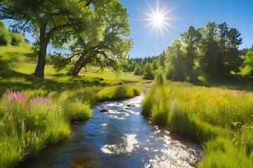 Sunny Stream Flowing Through Lush Meadow with Blooming Wildflowers  Idyllic Nature Scene