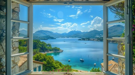  A serene view from a wooden-framed window, overlooking a tranquil lake surrounded by lush green trees. 