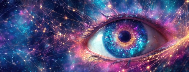 A vibrant close-up of a human eye with colorful reflections, symbolizing vision, perception, and the complexity of the human mind.