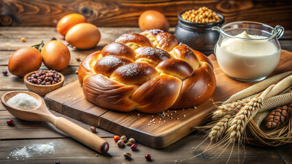 Traditional Rosh Hashanah Food with Freshly Baked Challah Bread and Ingredients