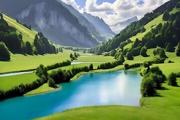 Beautiful scenery, mountains, fields and blue trees. There is a blue river warm sun