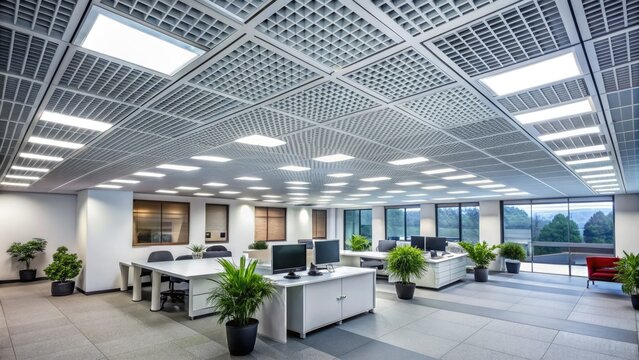 Fluorescent-lit, rectangular ceiling tiles with visible ventilation grills and subtle shadows create a mundane, corporate ambiance in a typical modern office setting.