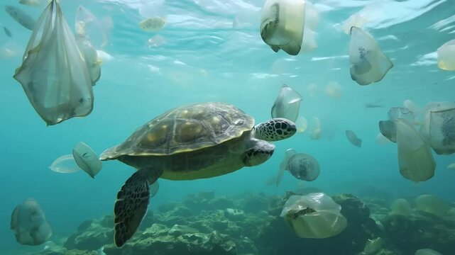 Sea turtle is trying to find food in an ocean polluted by plastic bags