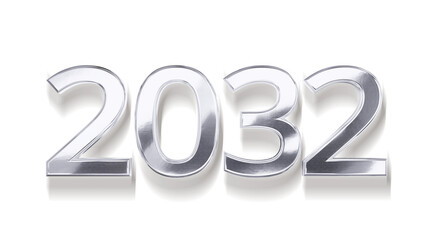 2032 silver metallic new year symbol 3d-illustration, long ground-shadow