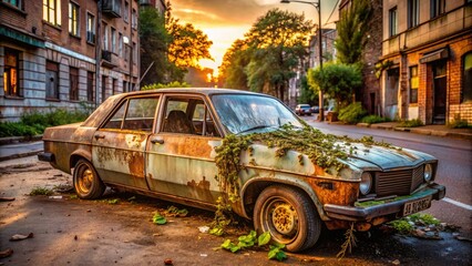 Obraz premium Forgotten passenger car with flat tires, rusty exterior, and shattered windows, overrun with weeds, sits abandoned on a litter-strewn city street at dusk.
