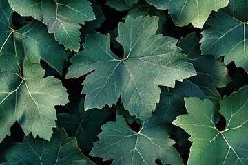 Close-up of grapevine leaves with intricate details, highlighting the veins and natural patterns in a rich green palette