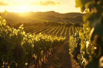 Fototapeta premium Vineyard at sunset, featuring lush grapevines laden with ripe grapes, rolling hills in the background, golden hour lighting, and soft shadows