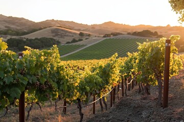 Naklejka premium Vineyard at sunset, featuring lush grapevines laden with ripe grapes, rolling hills in the background, golden hour lighting, and soft shadows