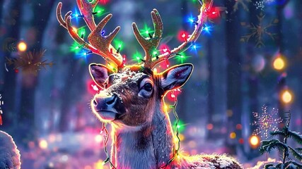 Christmas reindeer with decorative Christmas lights. Sparkling lights with deer and snowfall in winter landscape. Merry Christmas Holiday - Powered by Adobe