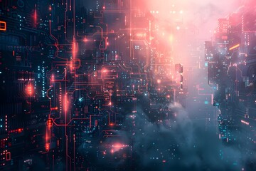 Fototapeta premium Futuristic Cyber Cityscape with Neon Lights and Circuit Patterns