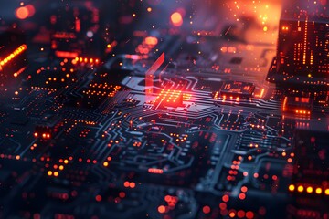 Obraz premium Futuristic Circuit Board with Glowing Elements and Data Flow