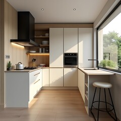 Fototapeta premium Modern Kitchen with White Cabinets, Wood Accents, and a Sleek Black Hood