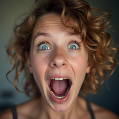 Young woman with curly hair expressing shock with wide eyes and open mouth, candid close-up