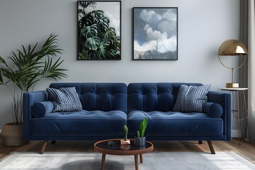 Elegant Living Room with Navy Blue Sofa and Modern Decor