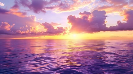 Obraz premium Tranquil tropical ocean view with golden purple sky and clouds at dawn